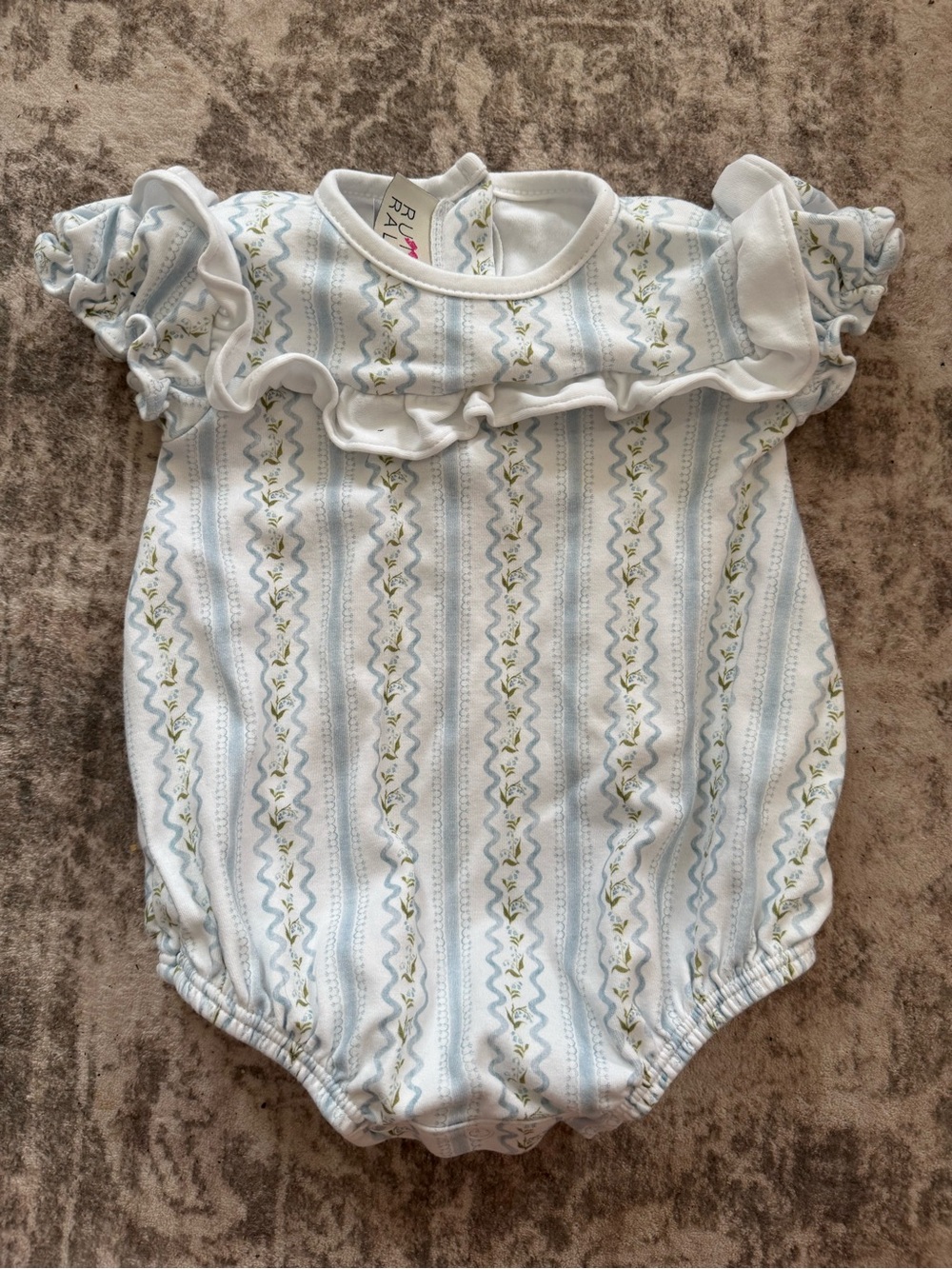 Ruth & Ralph Baby Girls White and Light Blue Ruffle One-Piece Romper